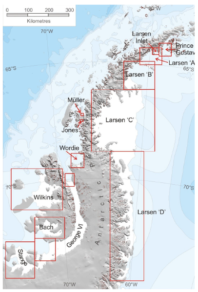 a map of the various different ice shelves. The Larsen Ice Shelf C is in the centre