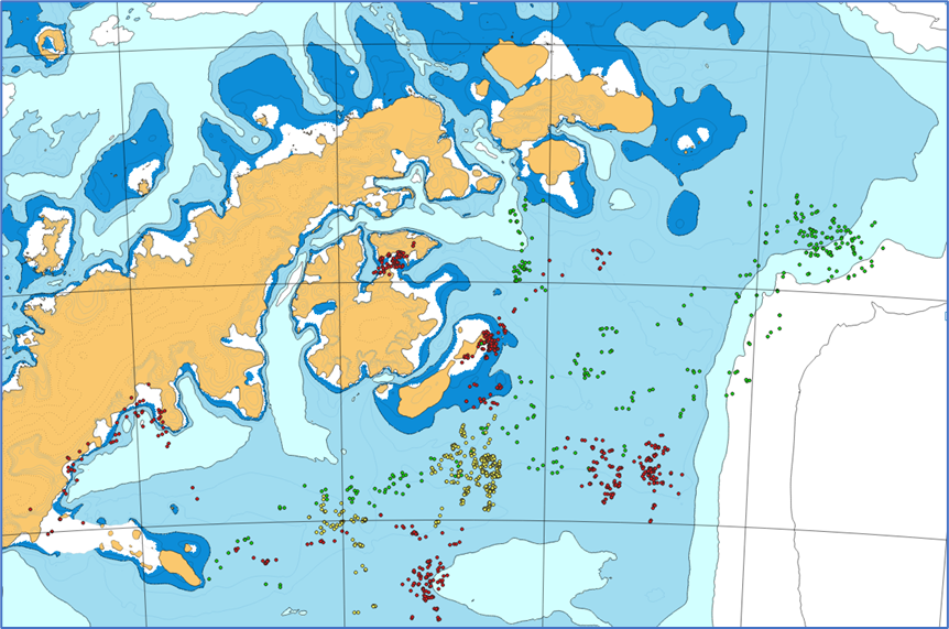 A map of the Antarctic Peninsula shows lots of red, green and yellow seals.