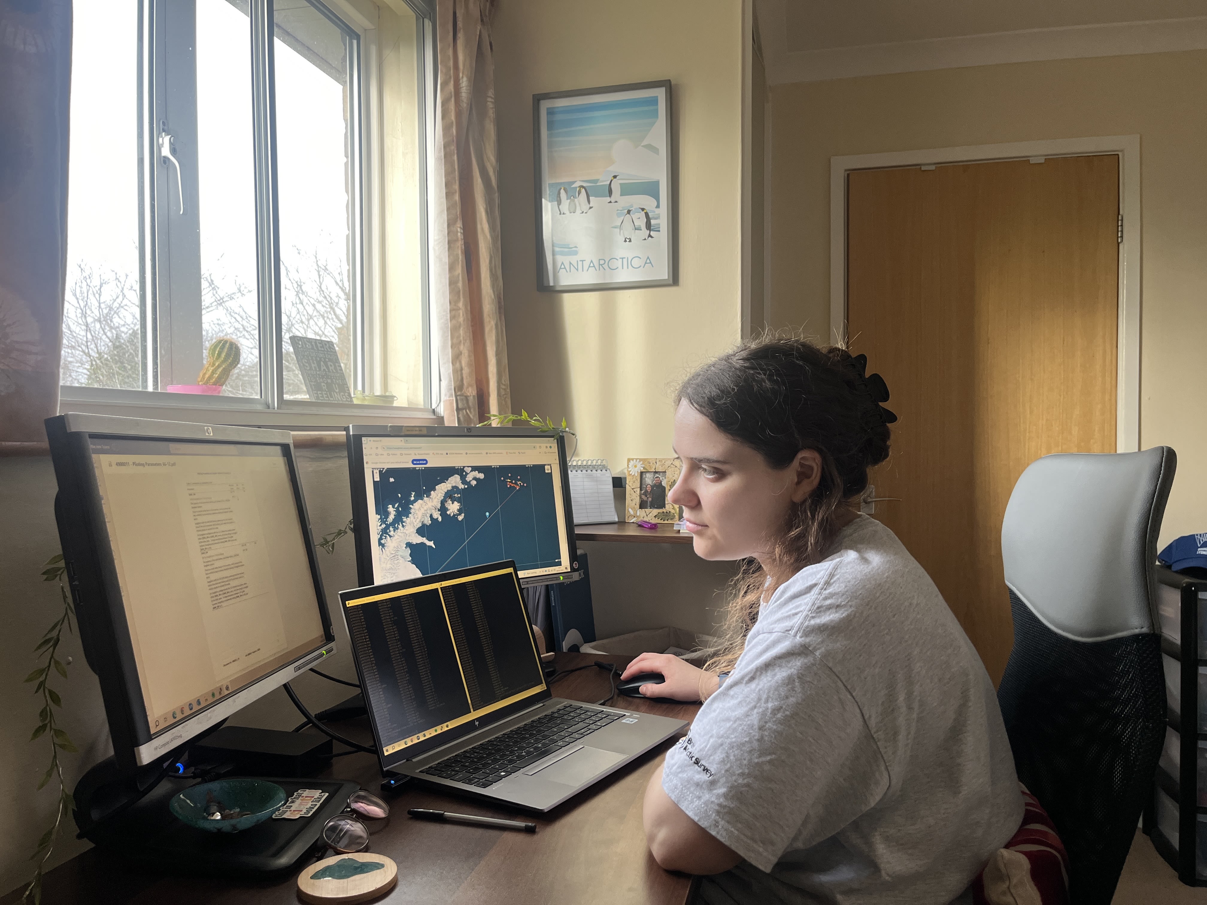 A woman using a laptop and two monitors to control an ocean glider.