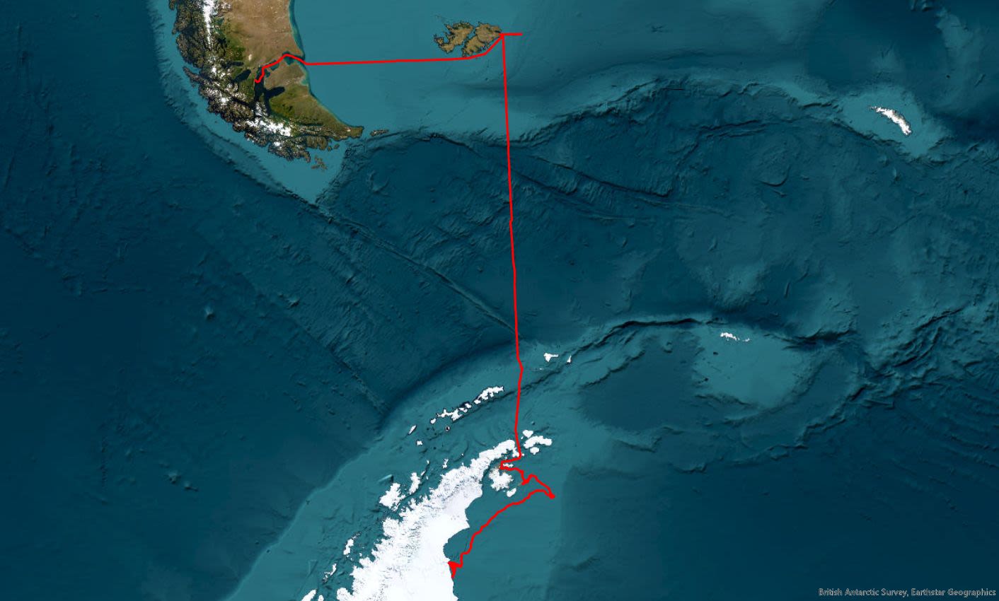 Map showing the PICCOLO cruise from the tip of Cape Horn to the Falklands and then south to the Larsen Ice Shelf